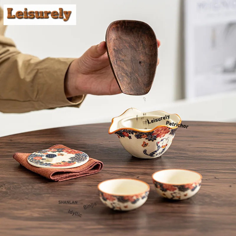 Mineral Rocks White Little Cat Travel Tea Set Kit Traditional 1 Pot 3 Cups Tea Making Organizer Portable Picnic Handbag Craft