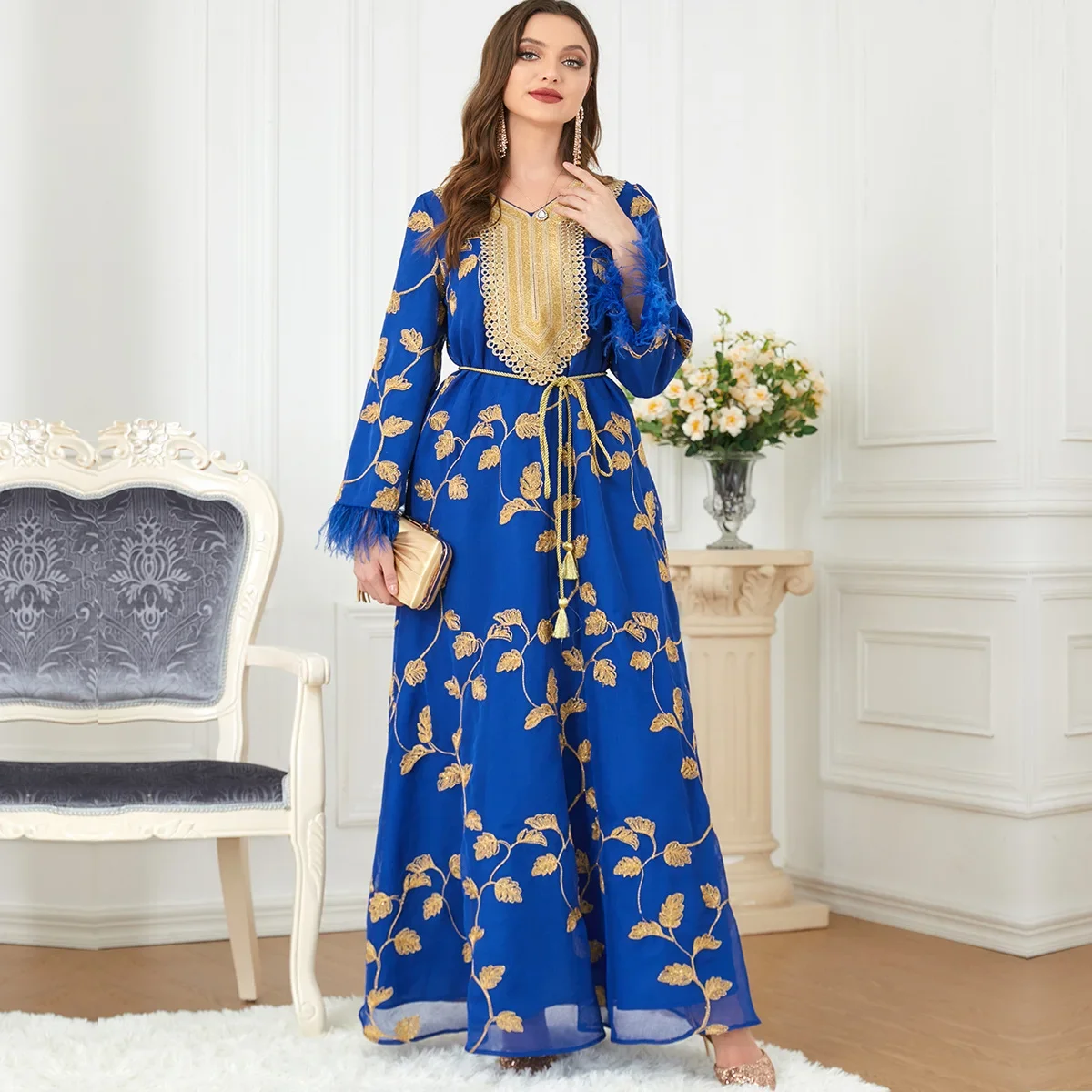 Autumn Muslim Party Dresses for Women Long Sleeve Kaftan Robe Abayas with Belt Dubai Abaya Gowns Morocco Evening Dress Vestiods