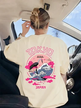 Tokyo Japan Crane Waves Prints Women T-Shirt Trendy Crewneck Tee Shirts Hip Hop Summer Clothes Y2K Woman Soft Short Sleeve 1