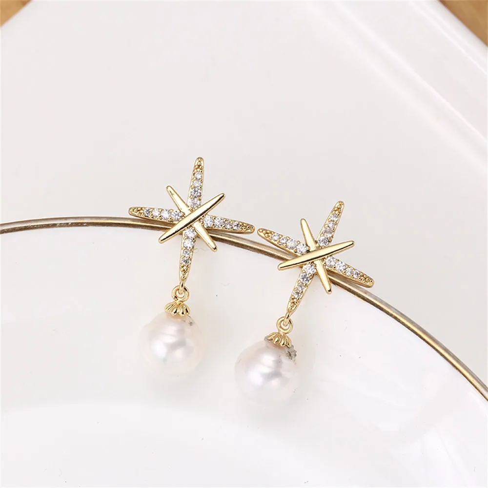 Domestically 14k Gold Pearl Earrings with Empty Brackets Handmade DIY Accessories S925 Silver Needle Star Zircon Earrings