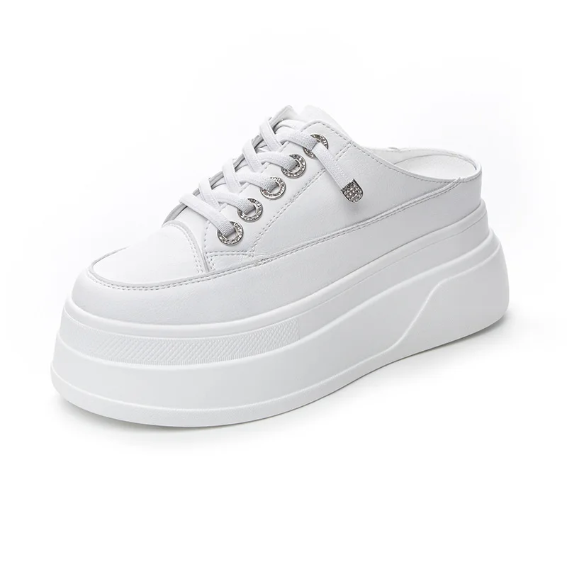 Half Slippers Genuine Leather Women's Casual Shoes Platform Ladies Slippers Lace Up White Elevator Shoe Low Top Female Footwear
