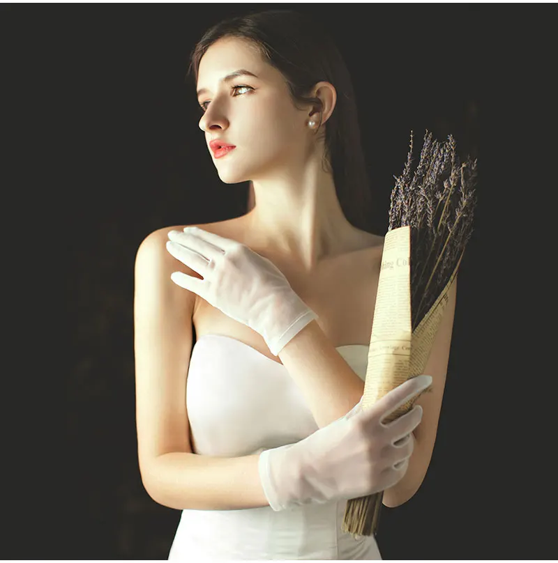Wg002 einfache handgemachte Frauen Hochzeit Braut kurze weiße Handschuhe atmungsaktive Tüll Handgelenk Finger Bräute Brautjungfer Handschuh – Detail 9