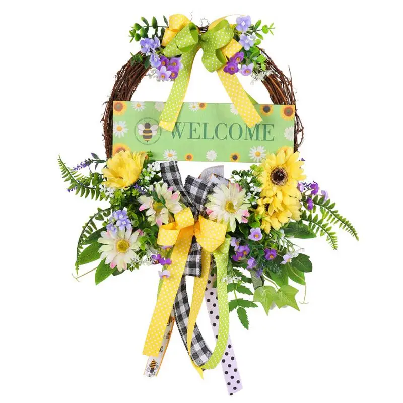 

Spring Door Wreath Welcome Spring wooden sign with decorative garland Artificial Flower Bow Eucalyptus Wreaths door sign