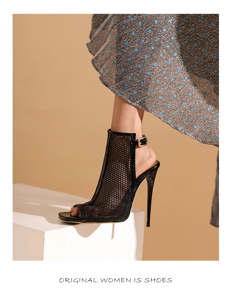 High-Heel-Sandalen mit Mesh-Ausschnitten, Peep-Toe-Design, eckiger Zehenpartie, überkreuzten Riemen, bequem und vielseitig, Stilettoabsatz, modisch, hochwertig, sexy, elegant für Damen, klassisch, beliebt, Frühling/Sommer, Party, große Größe 47, neuestes Modell 2026 – Detail 3