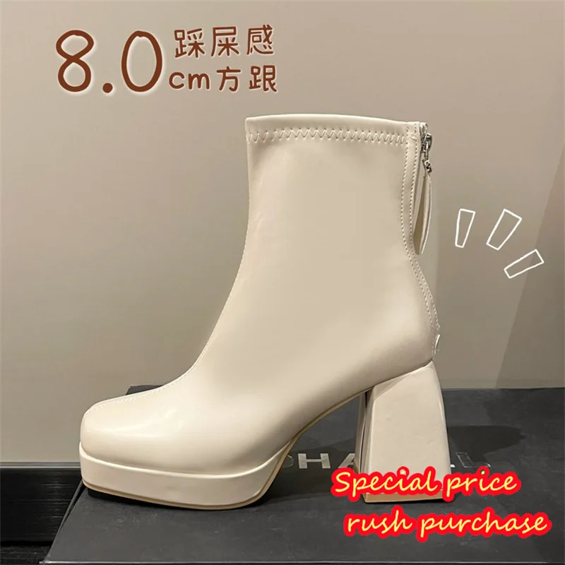 Women's Boots Autumn and Winter New Korean Edition Back Zipper High Heel Short Ankle Boots Square Head Fashion Knight Boots