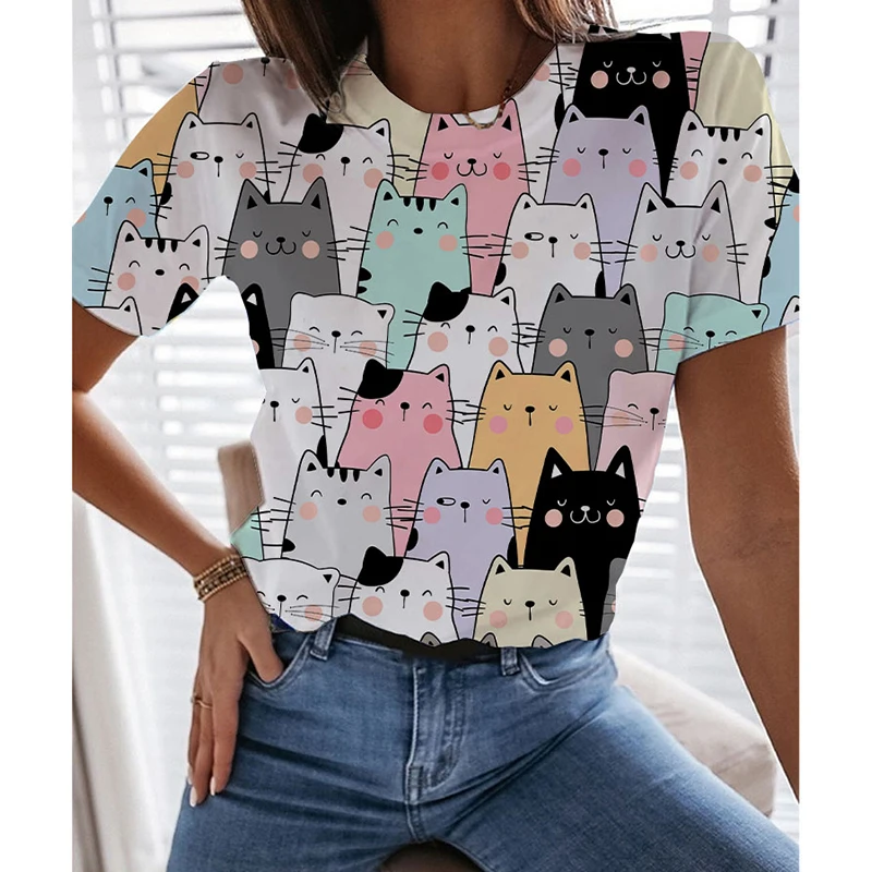 

Летняя одежда, женские модные повседневные топы с круглым вырезом и коротким рукавом, женские блузки с принтом животных, кошек и собак, свободные футболки