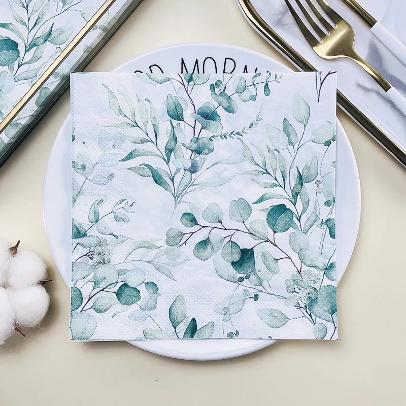 Printed Napkins Hotel Restaurant Table Decoration Wine Glass Flower Paper Mori Fresh Green Leaves Colourful Paper Napkins 20pcs