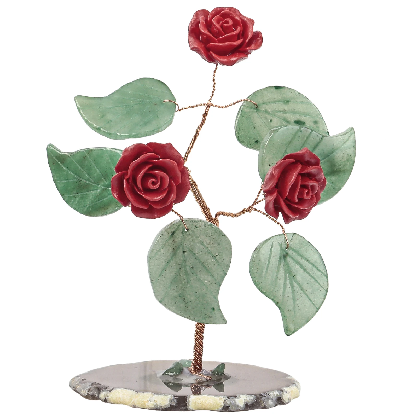 Mini Rose Flower Tree Natural Agate Slice Base Green Aventurine Leaves For Nordic Home Decoration Ornaments Stone Craft Gifts