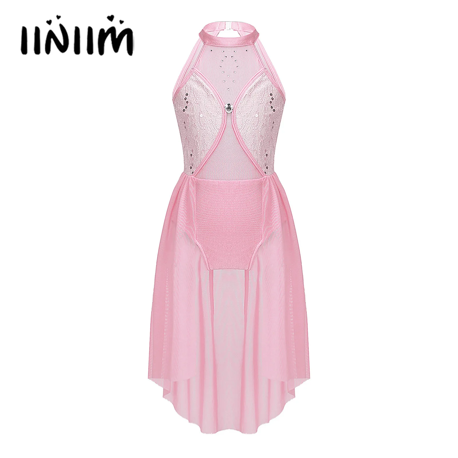 

Kids Girls Ballet Dance Dress Sleeveless Round Neckline Lace Sequins Decor Hollow Back Open Front Veil Children's Dance Dress