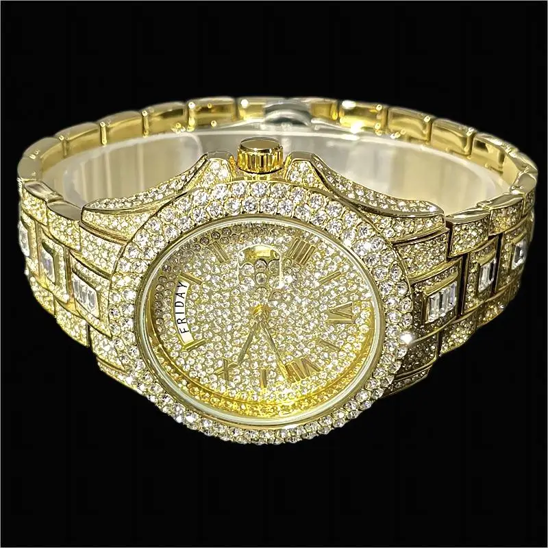 MISSFOX Guldklocka för män Mode Hip Hop Iced Diamond Automatisk kalendervecka Vattentät Quartz Armbandsur Man Reloj_voghion.com