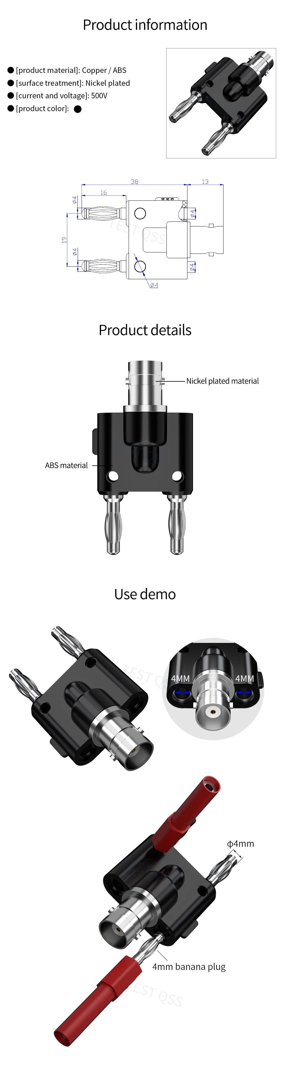 QSS 2PCS Bnc-buchse Jack zu Dual 4MM Bananen Stecker RF Adapter Stecker für Oszilloskop Q.20022 – Detail 1