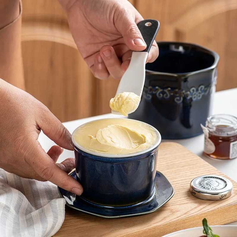 French Butter Crock with Lid for Kitchen Countertop,Ceramic Soft Butter Dish with Knife,Cheese Container Keeper With Waterline