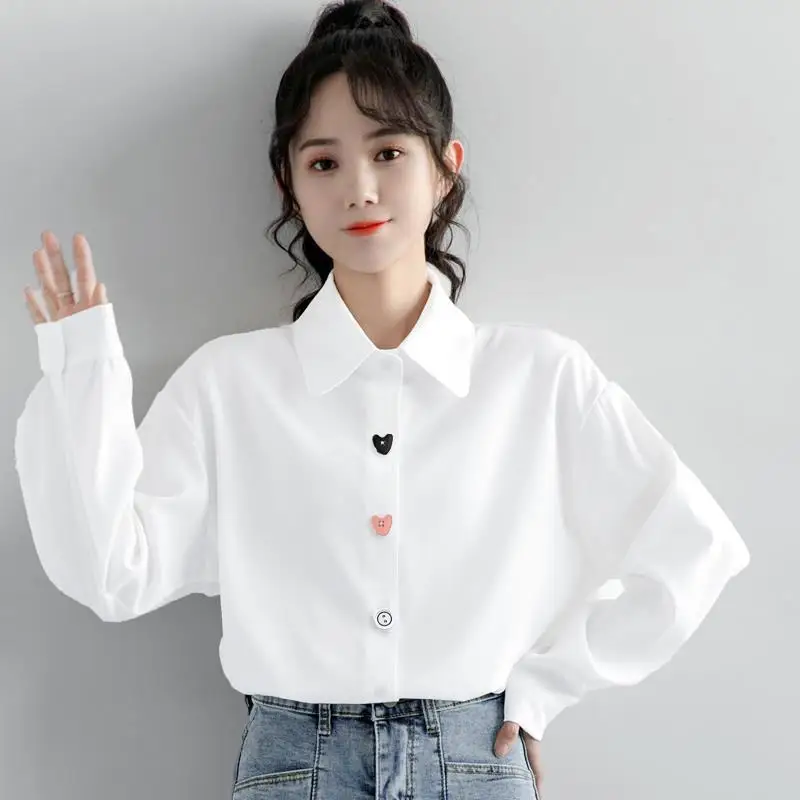 

2024 Spring New Academy Style White Long Sleeved Shirt for Women's Design Sense, Small and Popular Shirt Loose Polo Neck Top