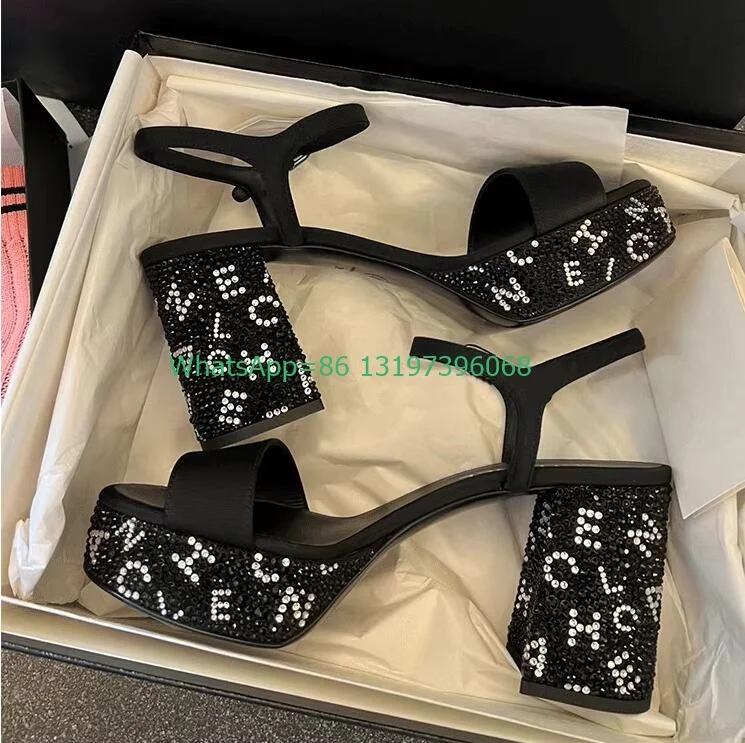 

Lady elegant rhinestone platform stain sandals chunky heel letter design demand style high heels pumps sexy slingback black shoe