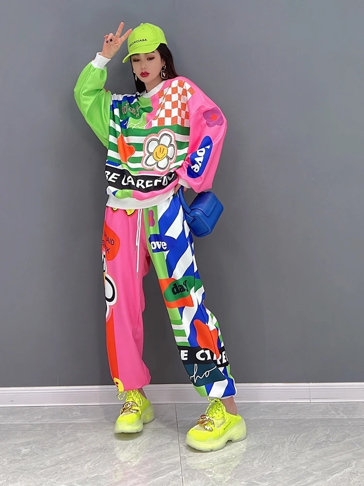 Spring 2023 new women's leisure sports 2 suits printed long sleeve who dress trousers a relaxed tide big yards moletom feminino