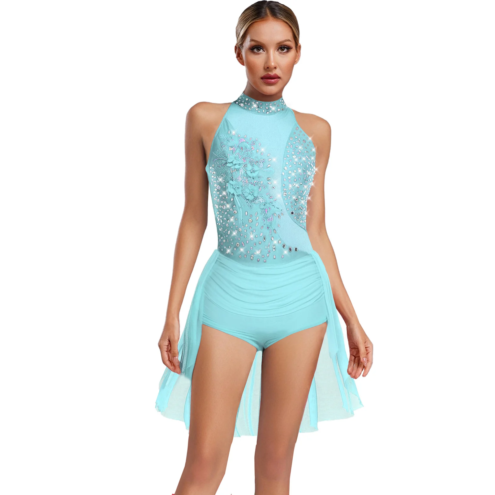 JRUIA Handmade Rhinestone Figure Skating Leotards - Girls & Women's Rhythmic Gymnastics, Ice Skating Competition Dress With Applique & Long Sleeves
