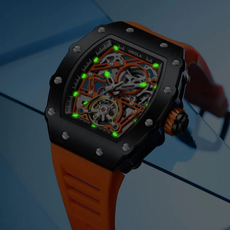 ONOLA 3854 Luxury Automatic Mechanical Silicone Watch Tourbillon Hollow Skeleton Men's Watches Reloj Automático De Hombre_voghion.com