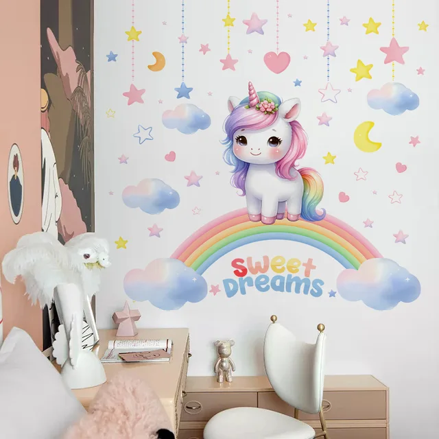 Autocollant mural licorne en vinyle pour enfant, décoration de chambre de bébé, accessoires de chambre à coucher, autocollant de meubles, papier peint adhésif, décoration murale 2