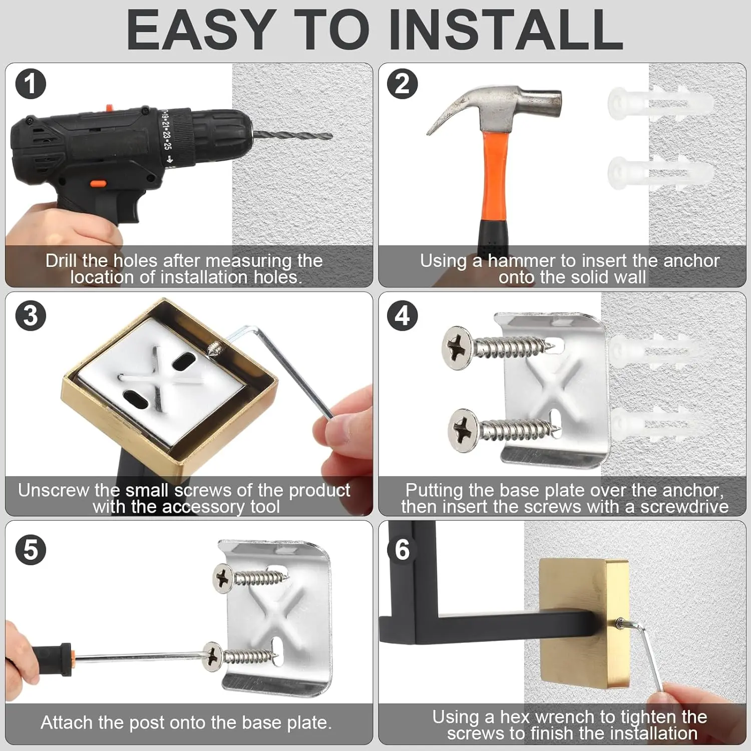 15-Pcs Bathroom Set. 23.6" Towel Bar Kit. Stainless Steel. Racks, Ring, Hooks, Paper Holder. Wall-Mounted. Black/Gold.