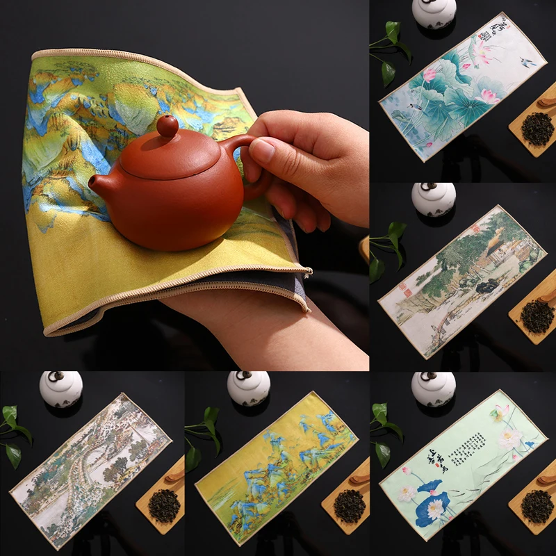 Tea towel High-End Painted Tea Cloth Tea Ceremony Accessories Water-Absorbing Towel Thickened Suede Velvet Cleaning Napkins Rag