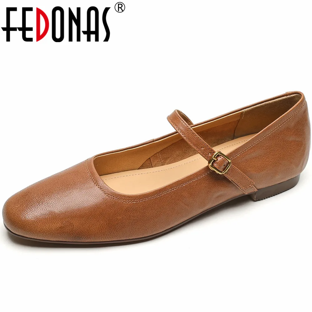 

FEDONAS 2024 Women Flats Spring Summer Genuine Leather Round Toe Concise Buckle Strap Basic Casual Working Flats Shoes Woman New