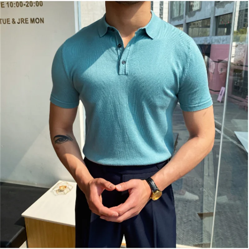 2023 Spring Summer Casual Ribbed Polo Shirts Mens Solid Color Slim