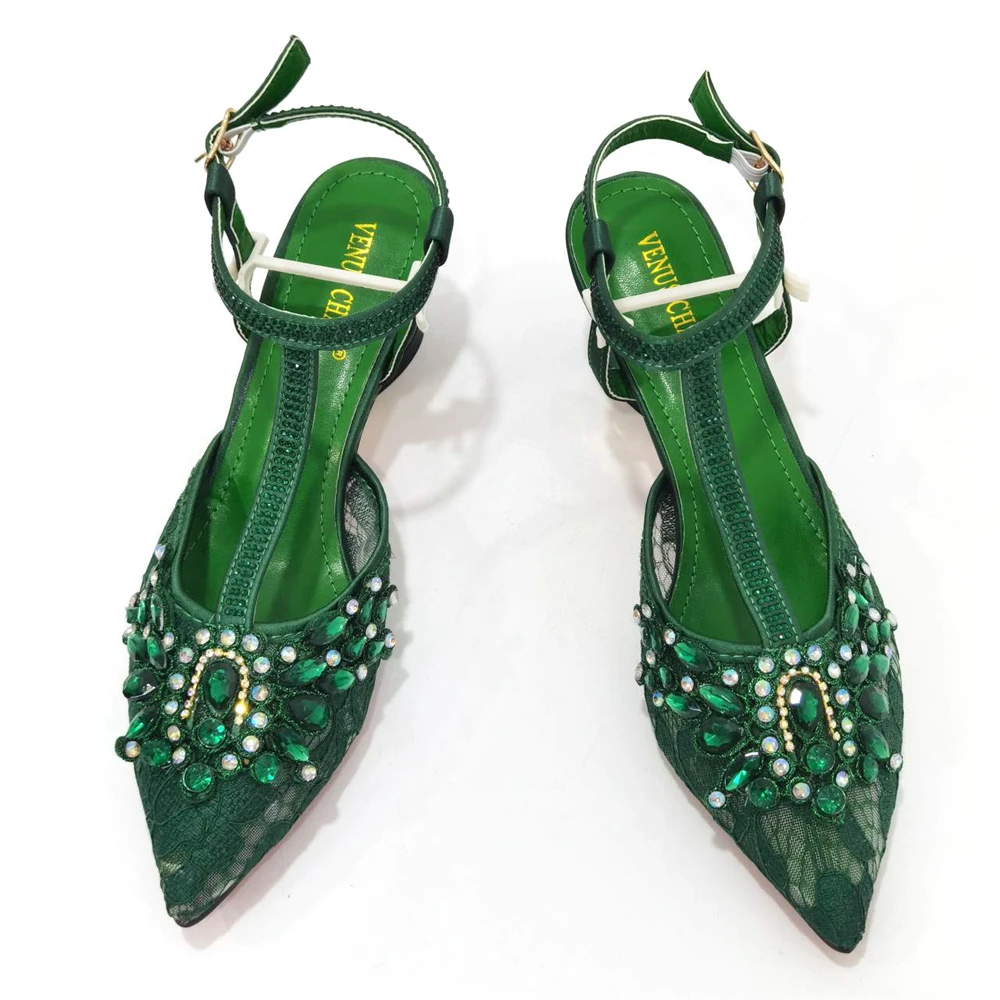 2023 New Mary Jane Design African Women Shoes and Bag Set Green Color with Shinning Crystal for Wedding Party