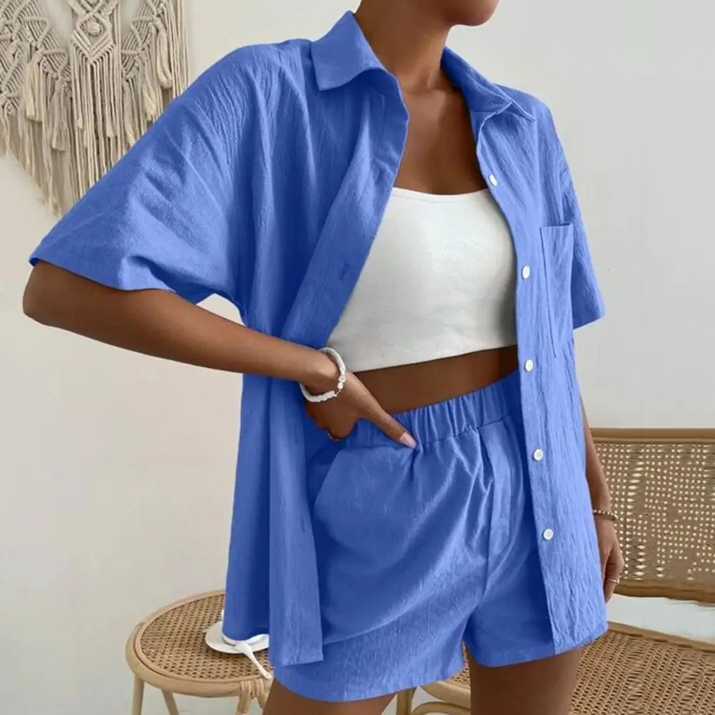 

2 Piece Women Tracksuit Solid Color Short Sleeves Casual Single-breasted Summer Cardigan Tops Elastic Waist Pocket Shorts Set