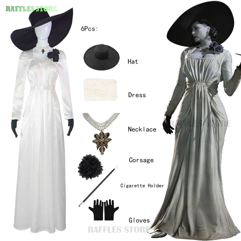 Alcina Diescu Costume Cosplay Abito Abito Resident Village Stile Horror Abito Bianco Donna Halloween Evil Cosplay Vestito Spaventoso