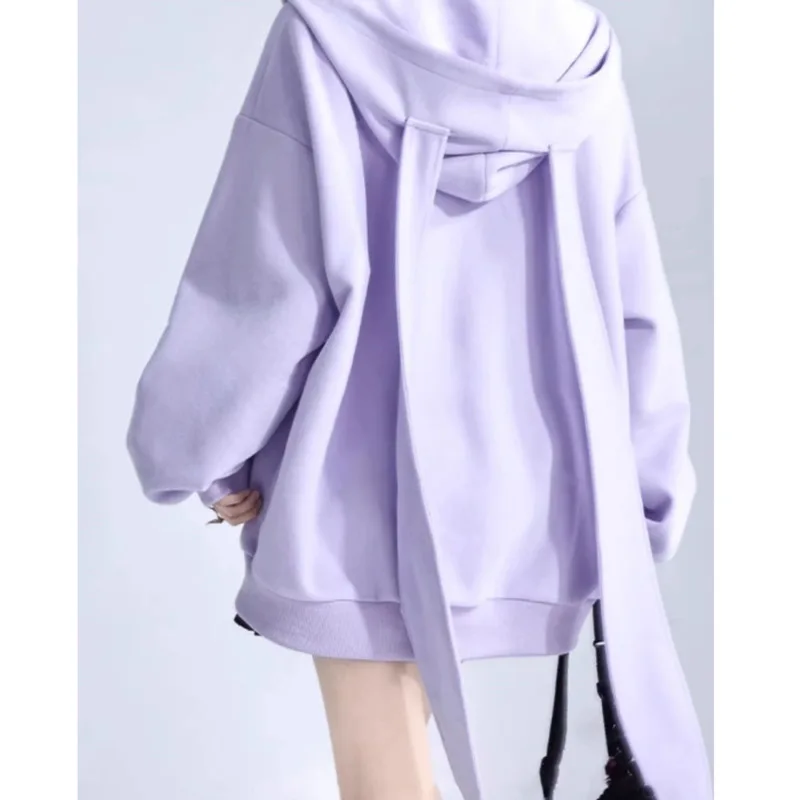 thumbnail image 1 of Suéter con capucha de conejo púrpura para mujer, suéter con orejas desmontables, de gran tamaño Sudadera con capucha, cárdigan suelto con cremallera, abrigo, ropa de moda, 1 of 3