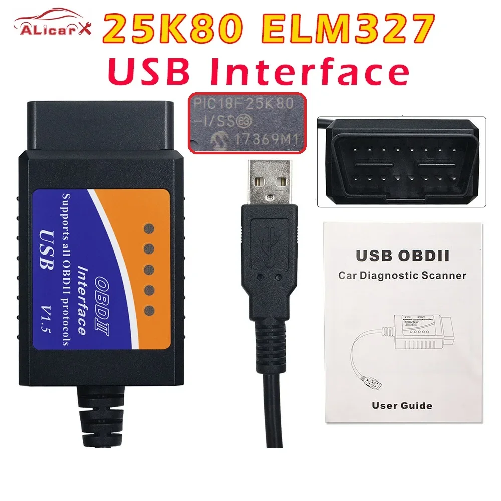 OBD2 Scanner OBD Code Reader Car Diagnostic Cable V1.5 USB ELM327 PIC18F25K80 Chip for Most OBD2 Protocols ELM 327 USB 25K80 Code Clean
