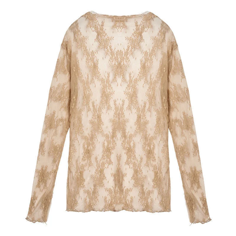 Women Half High Collar Net Screen Sun Proof T-shirt Lace Ear Edge247_voghion.com