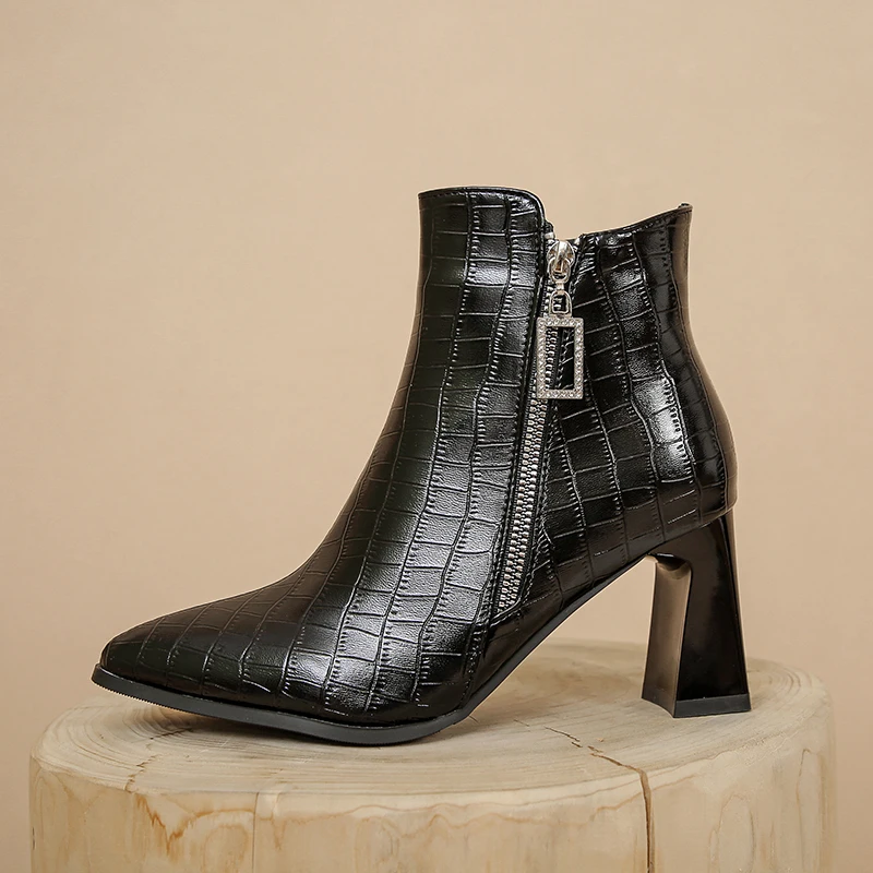 

Shaped Tapered Heel Stone Grain Pointed Sexy Short Shoes Breathable Mesh Lining Rhinestone Zipper Women's Ankle Boots