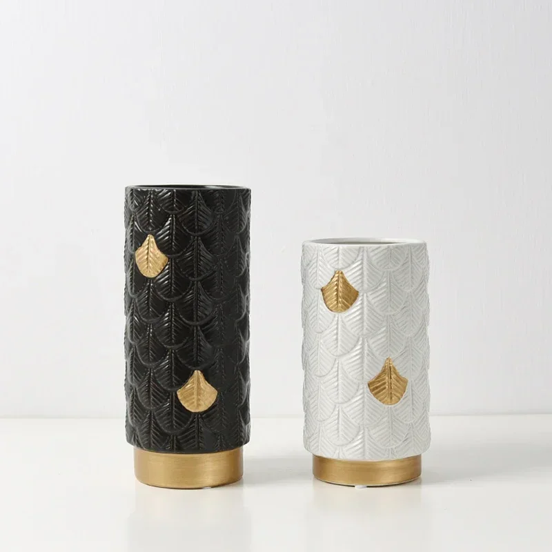 

Feather Pattern Vase Wide Mouth Tabletop Jardiniere Dried Flower Arrangement Fresh Floral Receptacle Home Decorative Ornament