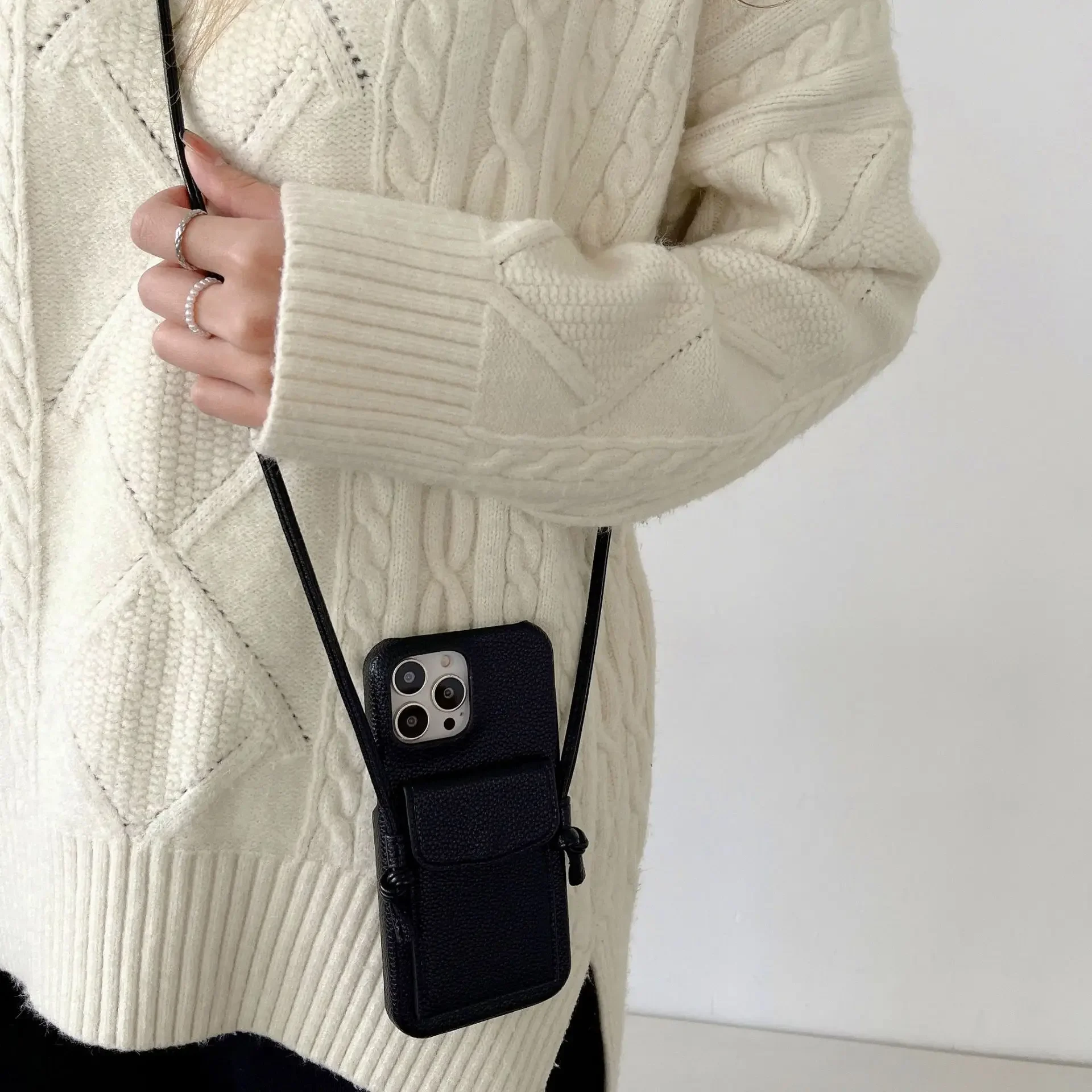 Leather Crossbody Lanyard Phone Case with Card Holder and Strap
