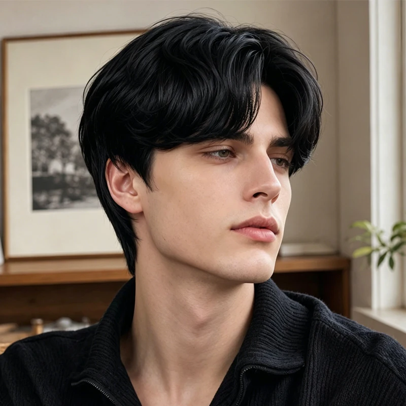 Synthetic material 8-inch black men's wig, natural layered short hair, creating a youthful everyday look. - 3