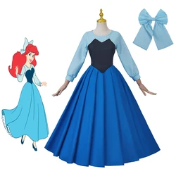 Mermaid Cosplay Ariel Blue Dress with Bowknot Headwear for Women Elegant Princess Ball Gown Halloween Carnival Party Costume