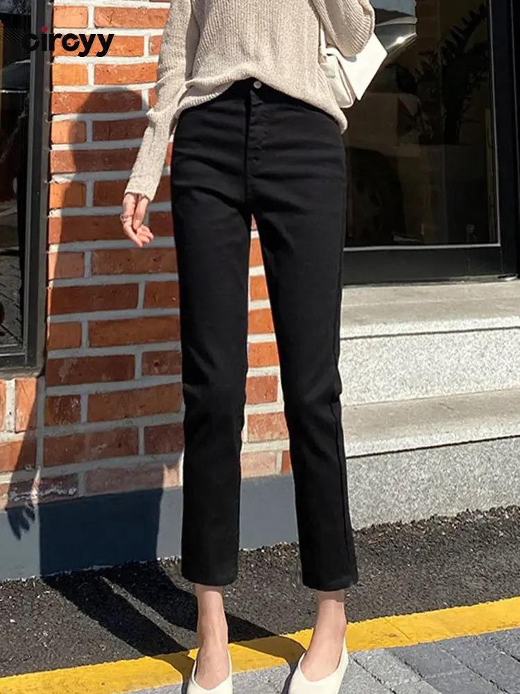 Circyy-pantalones vaqueros de talle alto de oficina para mujer, vaqueros rectos, ajustados, color básico ajustado, - AliExpress