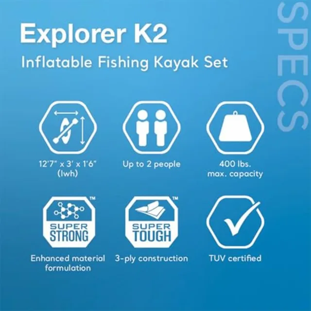 68309EP Excursion Pro K2 Inflatable Kayak Set: 2-Person 400lb Ccity SuperTough PVC Adjustable Bucket Seat Includes Deluxe 86in