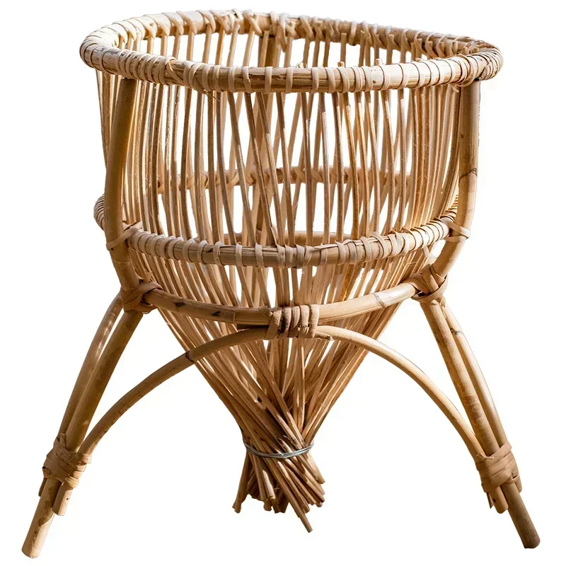 Creative Landing Flower Stand Green Plant Potted Showcase Natural Rattan Woven Basket for Living Room Balcony Shelving Display
