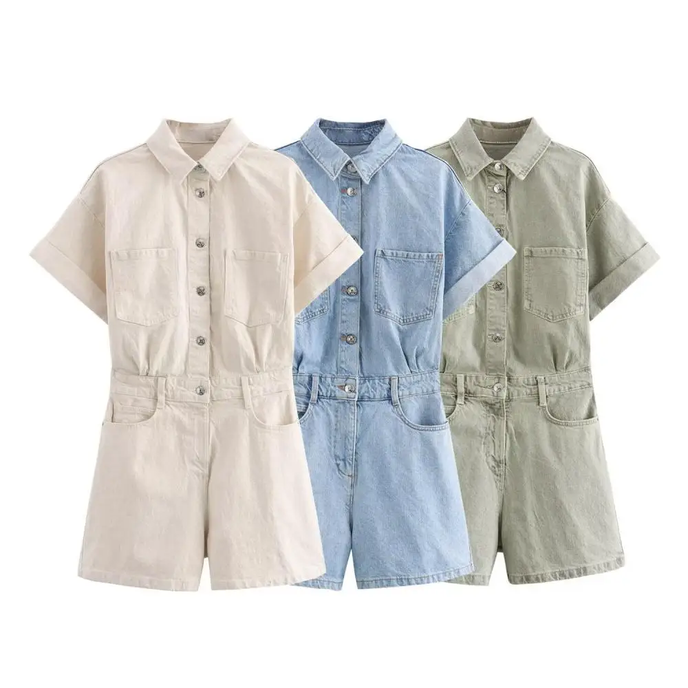 

Летний модный однотонный комбинезон, повседневный прямой джинсовый комбинезон с коротким рукавом, Женский уличный хипстерский комбинезон