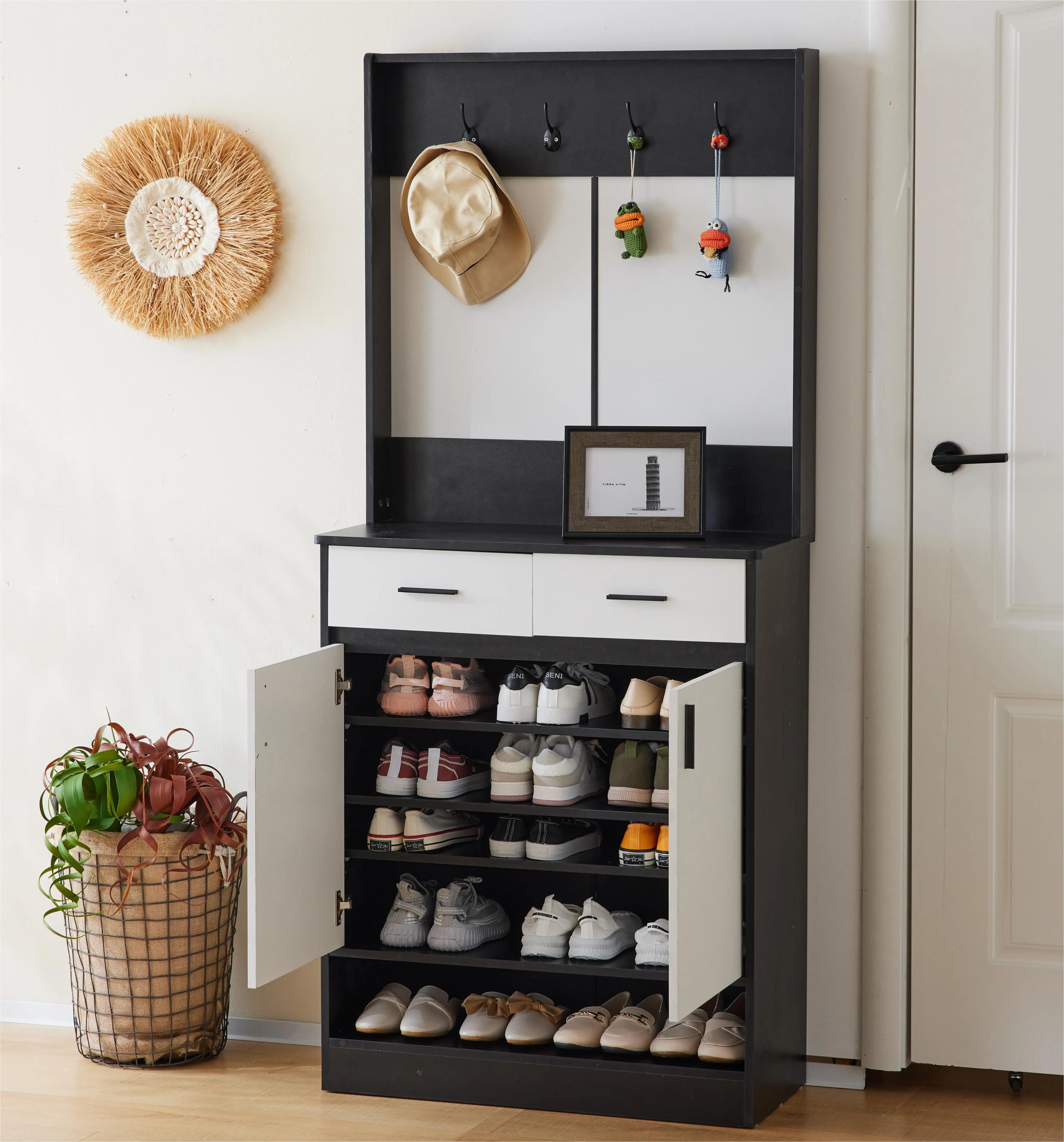 Entryway Bedroom Armoire,Shoe Cabinet,Wardrobe Armoire Closet, Drawers and Shelves,  Handles,  Hanging Rod, white and black 5