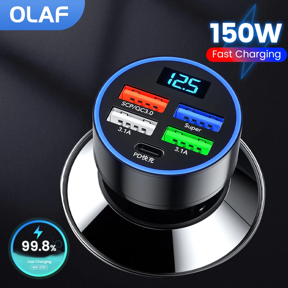 Olaf 150W 5 Porte Caricabatteria Da Auto Accendino Ricarica Rapida Per Iphone Qc3.0 Pd Usb Tipo C Caricabatteria Da Auto Per Xiaomi Samsung Huawei