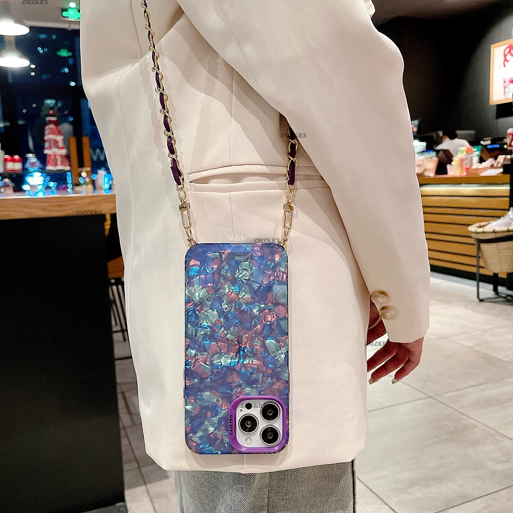 Metal Chain Crossbody Leather Lanyard Phone Case with Glitter Marble Design
