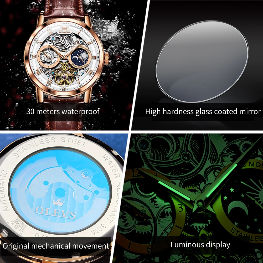 OLEVS 6670 Mechanical Fashion Watch Gift Genuine Leather Watchband Round-dial Moon Phase Month Display