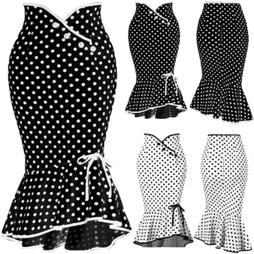 2025 Midi Skirt Womens Ruffles Bodycon Fishtail Skirt Retro Polka Dot Casual Party Pencil Skirt Midi Wrap Skirt Plus Size Skirts 3