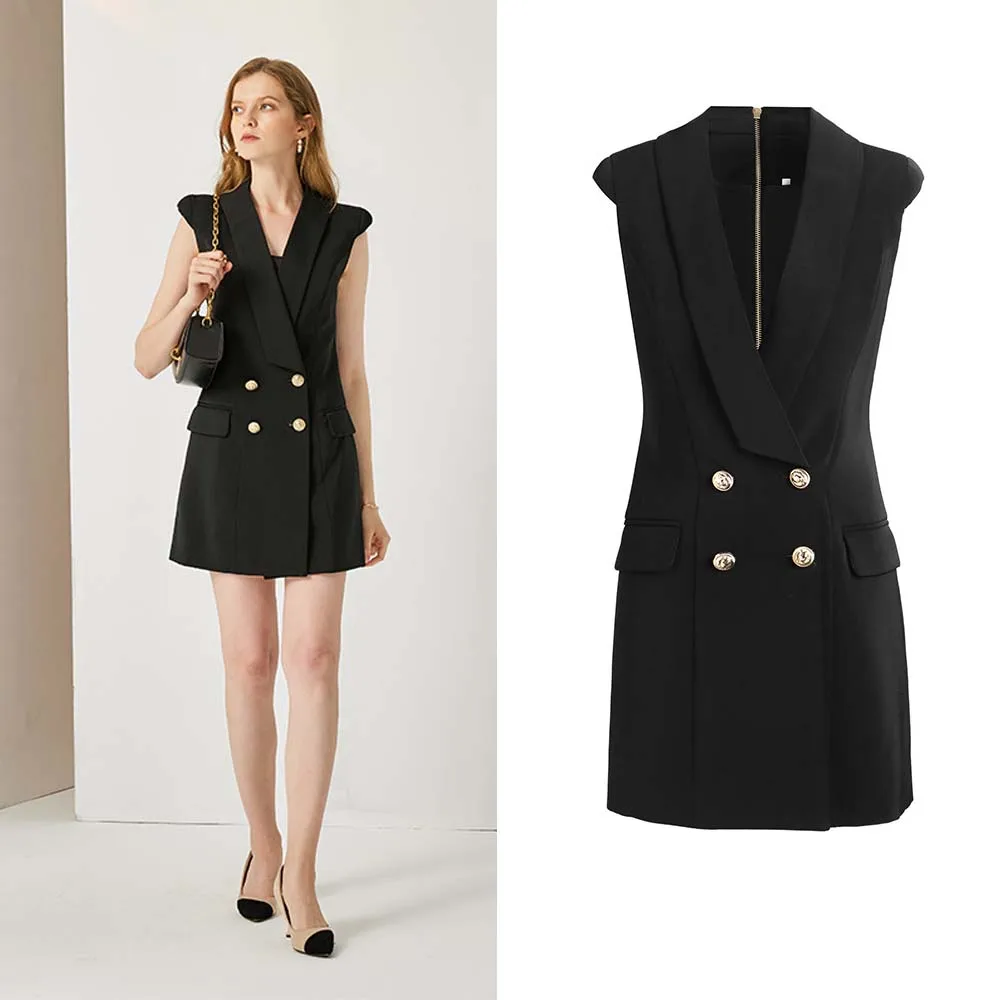

2022 New Fashion Temperament Commuter Double Breasted Green Fruit Collar Sleeveless Suit Short Dress White Slim Ladies Dress