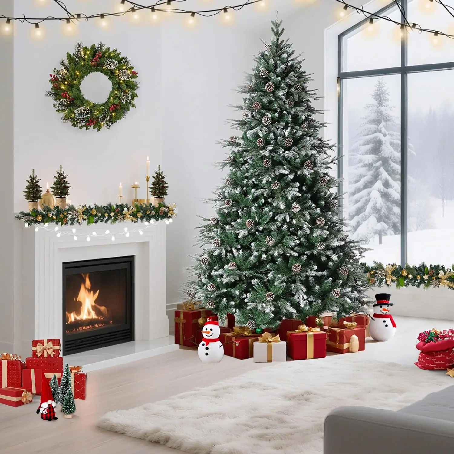 6/7.5/9FT Pre-Lit Snow Flocked Artificial Christmas Tree with 8 LED Modes & Pine Cones – Slim Design for Home Decor