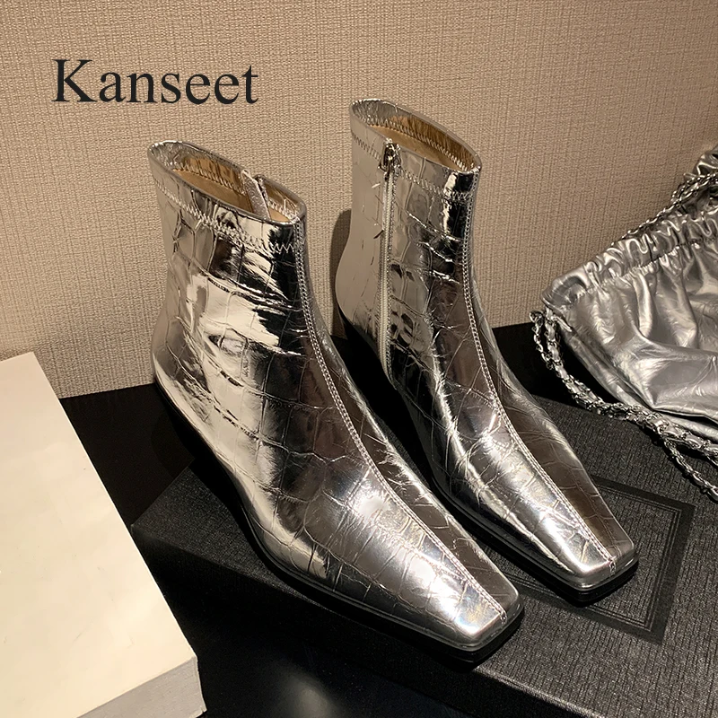 

Kanseet Women's Short Boots Autumn Winter Square Toe Genuine Leather Shoes Silver Fashion Mid Heels Zipper Boots For Lady Newest