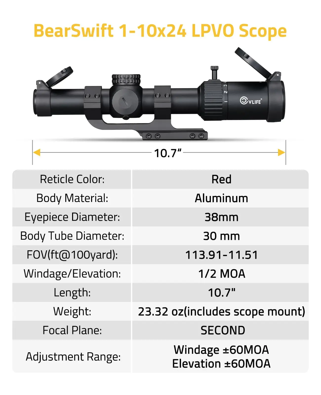 MIDTEN BearSwift 1-10x24 LPVO Rifle Scope with 30mm Cantilever Mount Illuminated BDC Reticle with Generous Eye Relief For 1-10X